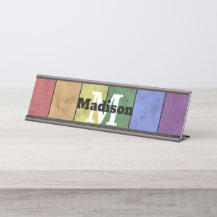 Vintage LGBT flag pride distresed rainbow Monogram Desk Name Plate