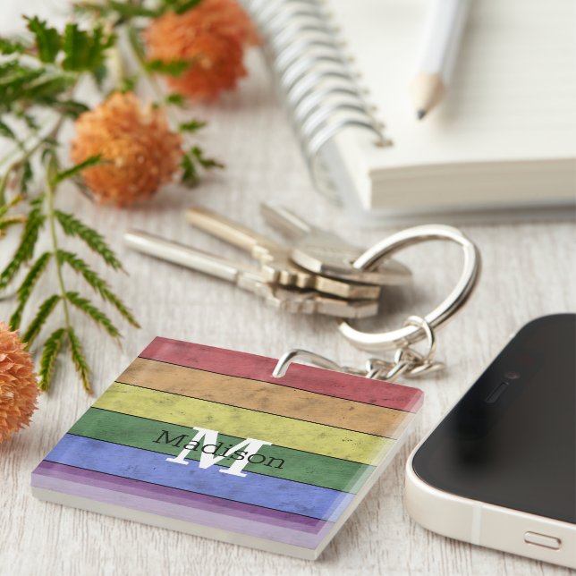 Vintage LGBT flag pride distresed rainbow Monogram Keychain (Front Right)