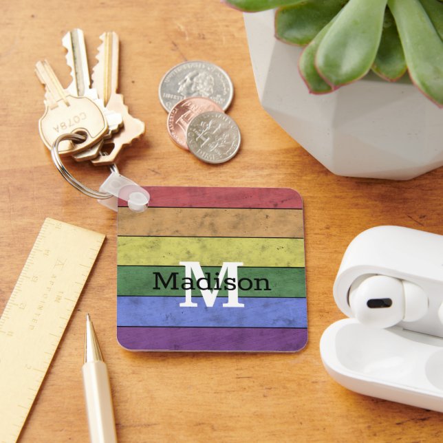 Vintage LGBT flag pride distresed rainbow Monogram Keychain (Desk)