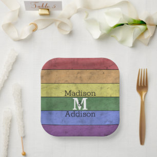 Vintage LGBT flag pride distresed rainbow Monogram Paper Plate