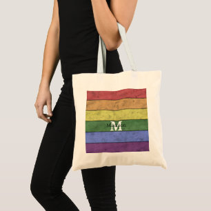 Vintage LGBT flag pride distresed rainbow Monogram Tote Bag