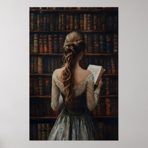 Vintage Library Art Print, Book Woman Lover Gift Poster