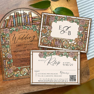 Vintage Library Books Stained Glass Wedding QR RSVP Card