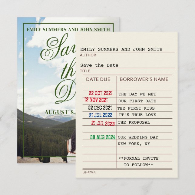 Vintage Library Card and Book Cover Save the Date (Front/Back)