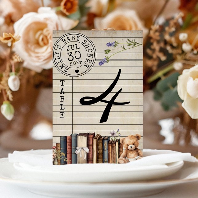 Vintage Library Card Books Baby Shower Table Card (Vintage library card watercolor book bow teddy bear gender neutral boy girl baby shower table number)