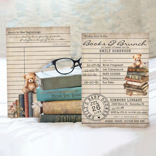 Vintage Library Card Books Bear Baby Shower Invite (Cute vintage Books and Brunch Library Card book theme teddy bear baby girl boy shower invitation)