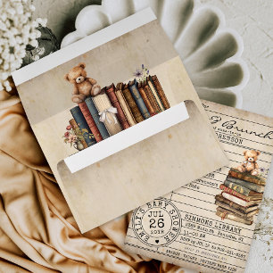 Vintage Library Card Books Bear Baby Shower Invite Envelope