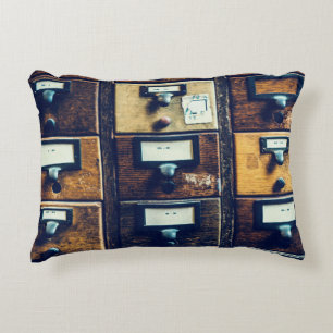 Vintage library card catalogue wood cabinet accent pillow