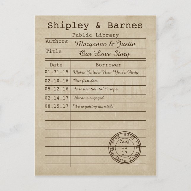 Vintage Library Card Save The Date (Front)