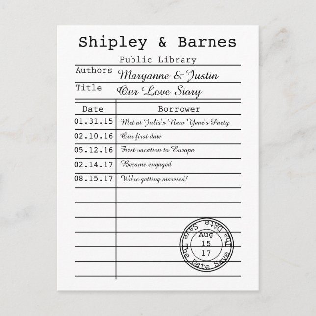 Vintage Library Card Save The Date (Front)