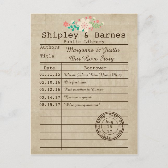 Vintage Library Card Wildflowers Save The Date (Front)