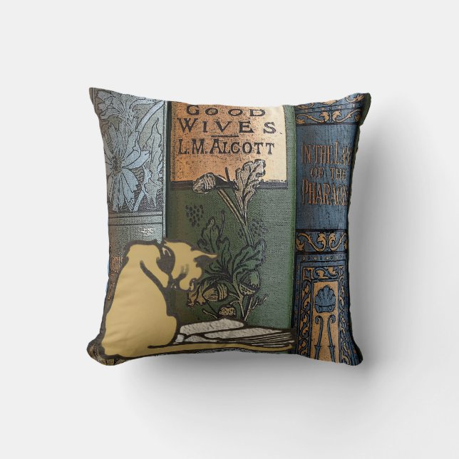 Vintage Library Cat Reading Book Art Cushion (Front)
