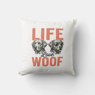 Vintage Life Love Woof Dog Graphic Design_1 Throw Pillow
