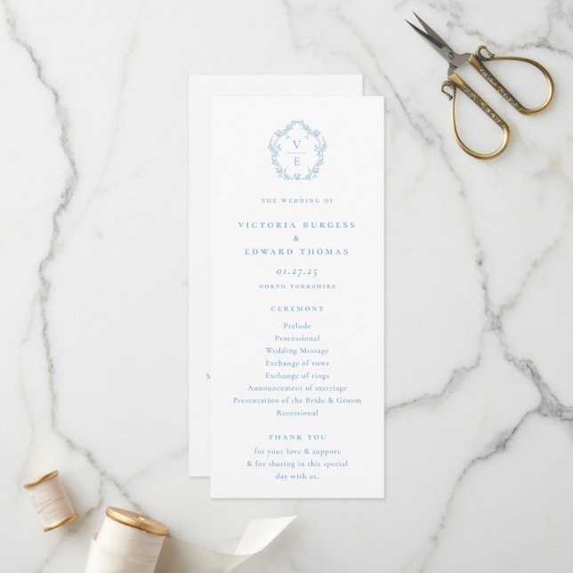 Vintage Light Blue Monogram Crest Wedding Program (Front/Back In Situ)