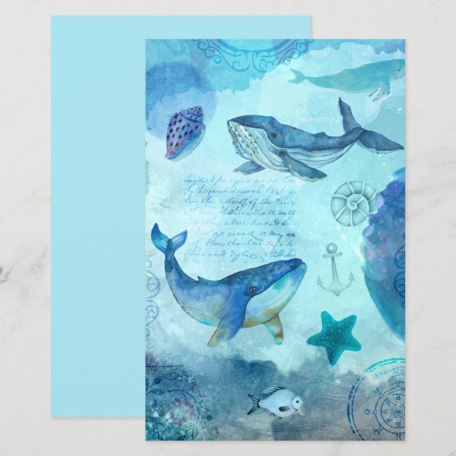 Vintage light blue ocean life decoupage scrapbook  (Front/Back)