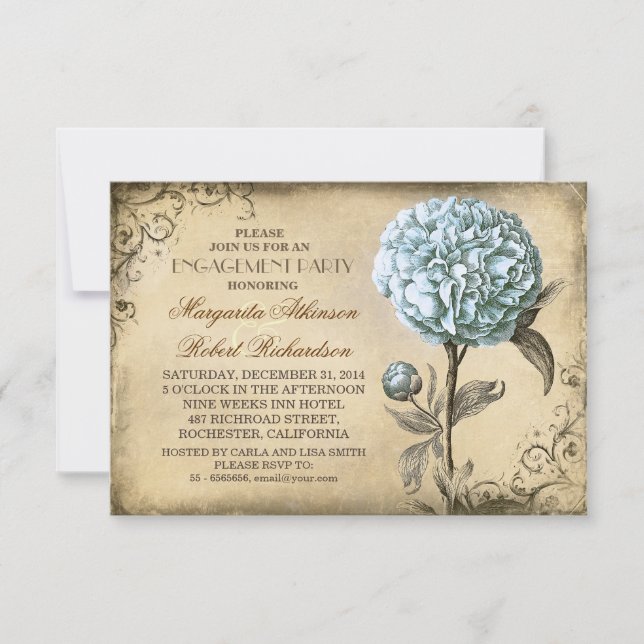 vintage light blue peony rustic engagement party invitation (Front)
