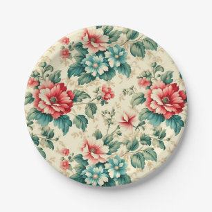 Vintage light blue red Victorian floral design Paper Plate