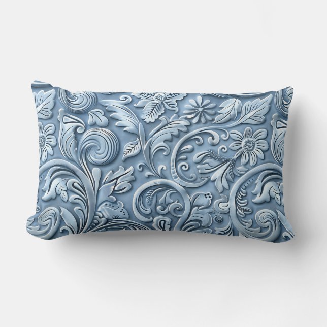 Vintage light blue tooled leather lumbar pillow (Front)