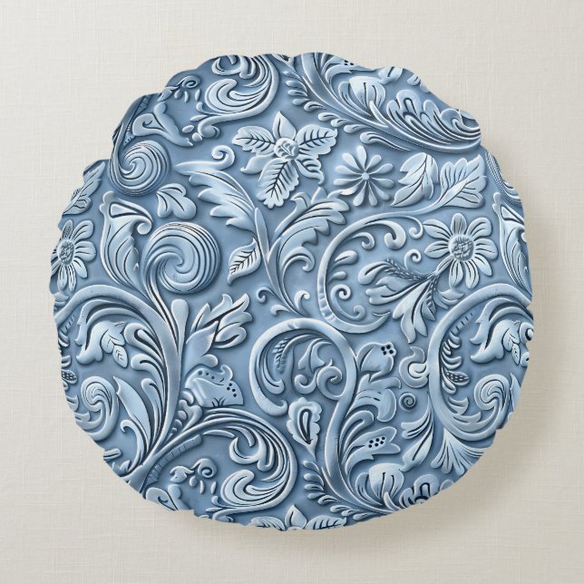 Vintage light blue tooled leather round pillow (Front)