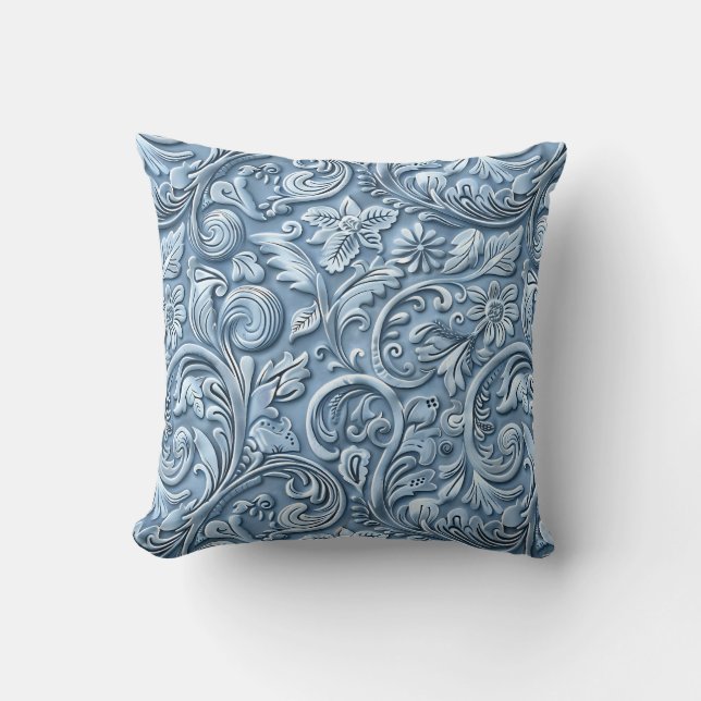 Vintage light blue tooled leather throw pillow (Front)