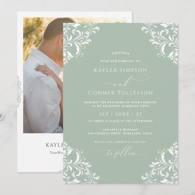 Vintage Light Sage Green Elegant Photo Wedding Invitation (Front/Back)