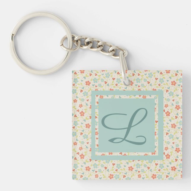 Vintage Light Spring Pretty Floral Monogram Keychain (Front)