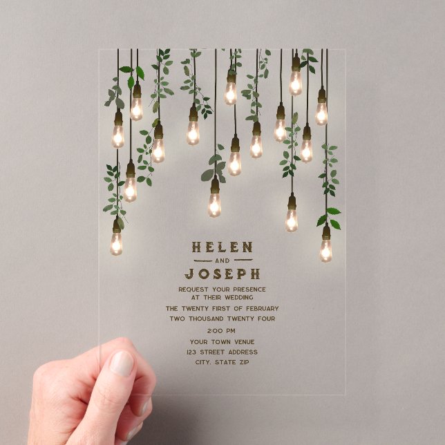 Vintage Lightbulbs Botanical Greenery Wedding Acrylic Invitations (Insitu (Handheld))