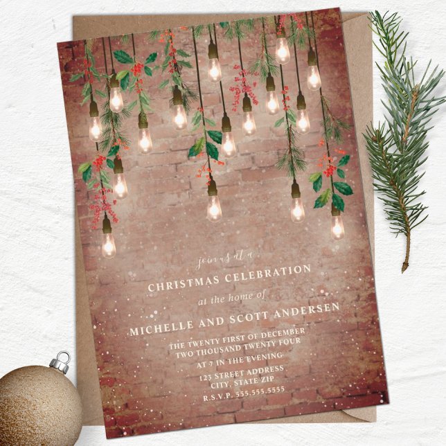 Vintage Lightbulbs Brick Christmas Holly Snow Invitation (Creator Uploaded)