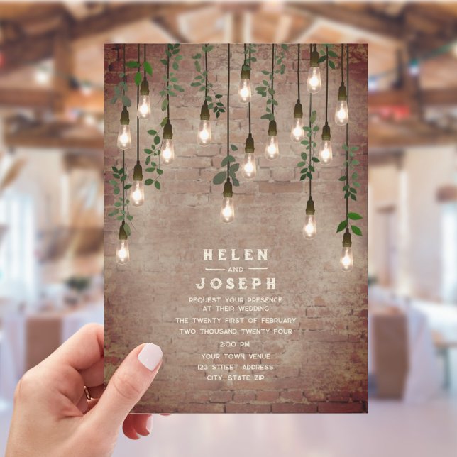 Vintage Lightbulbs Rustic Brick Botanical Wedding  Invitation (Creator Uploaded)