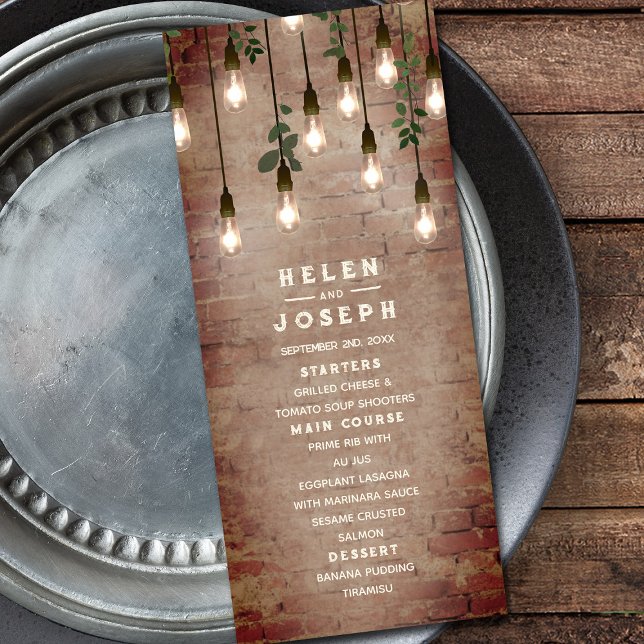 Vintage Lightbulbs Rustic Brick Wedding Menu (Creator Uploaded)