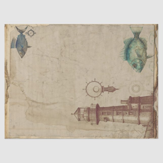 Vintage Lighthouse and Fish Decoupage Tissue Paper (Front)