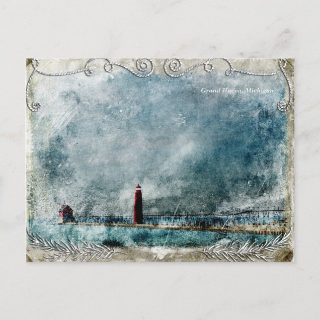 Vintage Lighthouse & Pier Long Shot Postcard (Front)