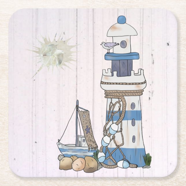 Vintage lighthouse square paper coaster (Front)