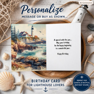 Vintage Lighthouse Watercolor Happy Birthday Card