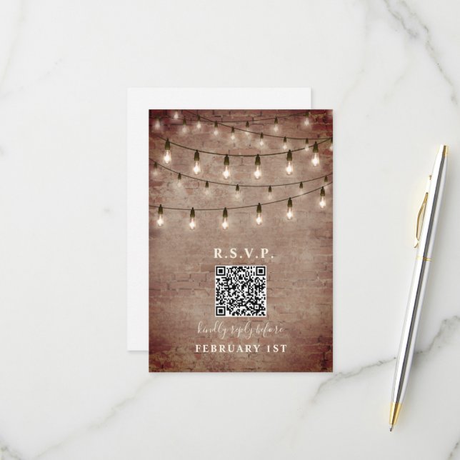 Vintage Lights Brick Wedding QR RSVP (Front/Back In Situ)
