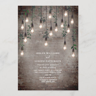 Vintage Lights Industrial Brick Botanical Wedding Invitation
