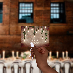 Vintage Lights Industrial Brick Botanical Wedding RSVP Card