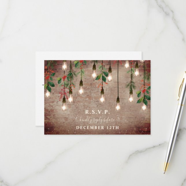 Vintage Lights Winter Brick Christmas Wedding  RSVP Card (Front/Back In Situ)