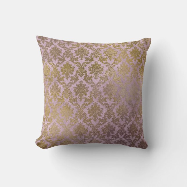 Vintage Lilac Damask Gold Pillow (Front)