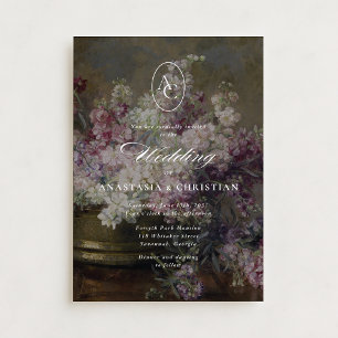 Vintage lilac floral fine art wedding invitation