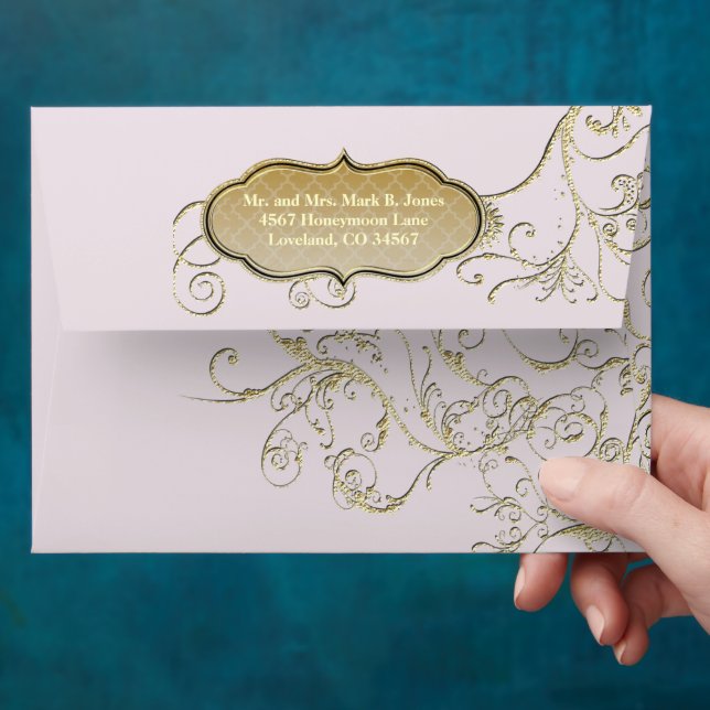 Vintage Lilac Gold Swirl Wedding Envelope (Hand)