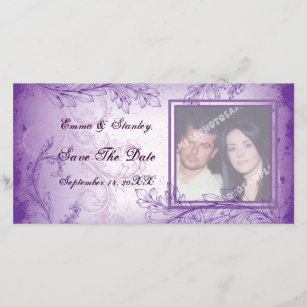 Vintage lilac purple scroll leaf wedding photocard save the date