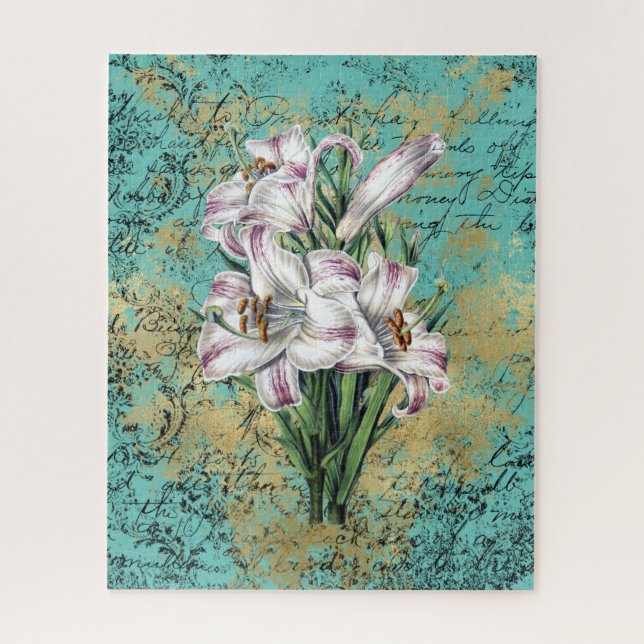 Vintage Lilies on Aqua Ephemera Jigsaw Puzzle (Vertical)