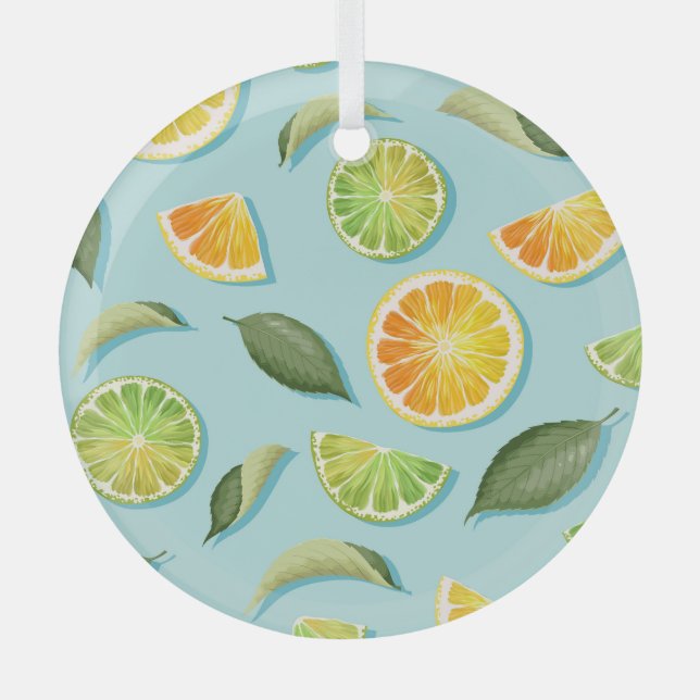 Vintage Lime Lemon Blue Pattern Glass Ornament (Front)