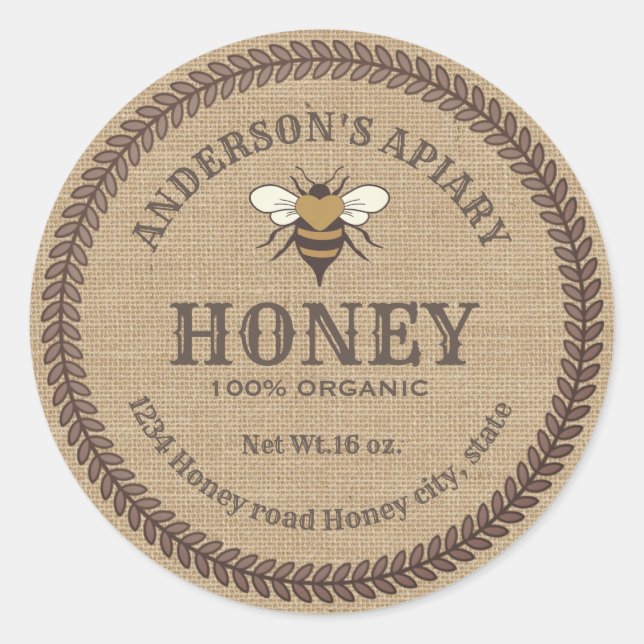 Vintage linen  bee apiary honey jar label (Front)