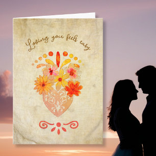 Vintage Linen Floral Heart with Soft Golden Script Holiday Card