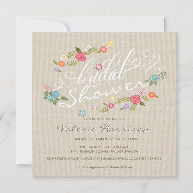 Vintage Linen Floral Wreath Bridal Shower Invites (Front)