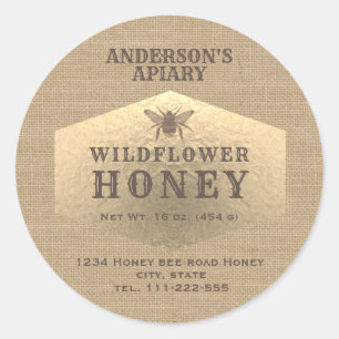 Vintage linen gold bee honey jar label