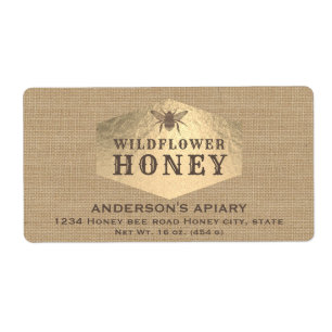 Vintage linen gold bee honey jar label