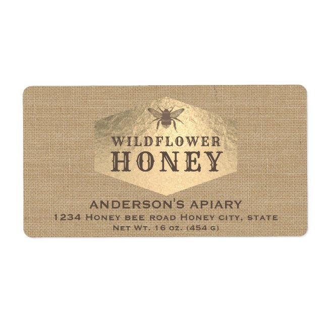 Vintage linen gold bee honey jar label (Front)